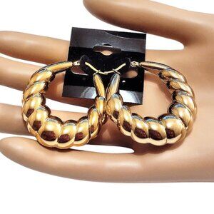 1 1/2" Hoop Earrings 24k Gold Plated Pierced Earrings Shrimp Style Ribbed